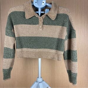 Cropped Chenille Striped Polo Sweater Green Tan